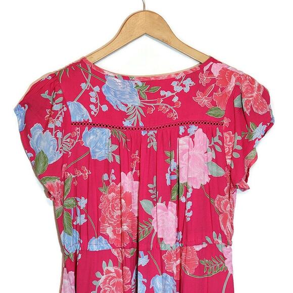 JAASE Floral Midi Dress Short Sleeve Tie Waist Flowy Red Boho Casual Summer XS - Picture 11 of 16